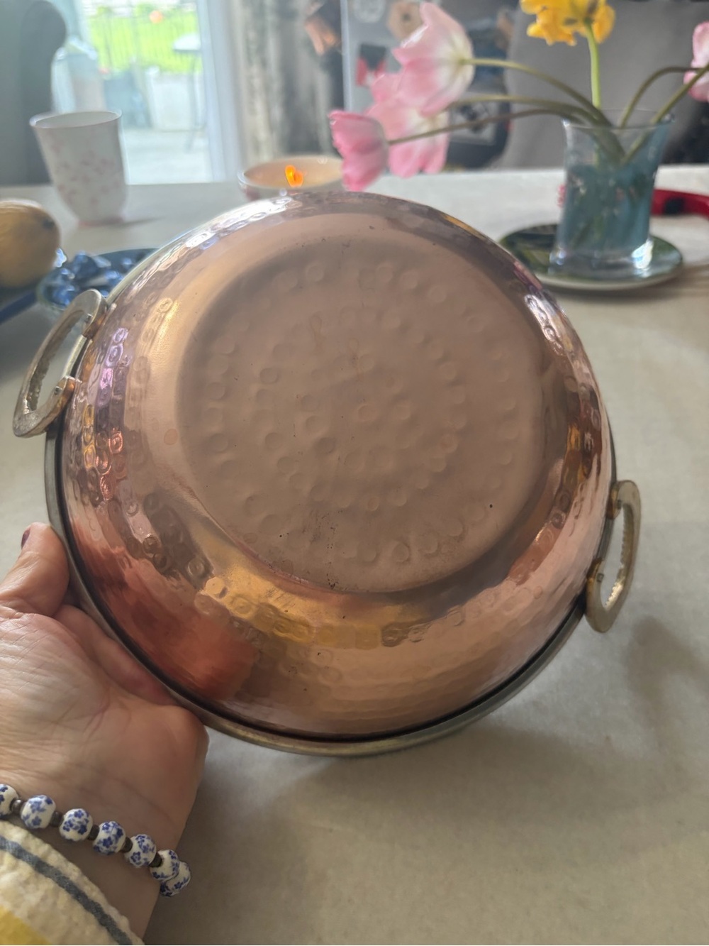 Copper Finish Hammered Serving Bowl with Side Handles - Copper